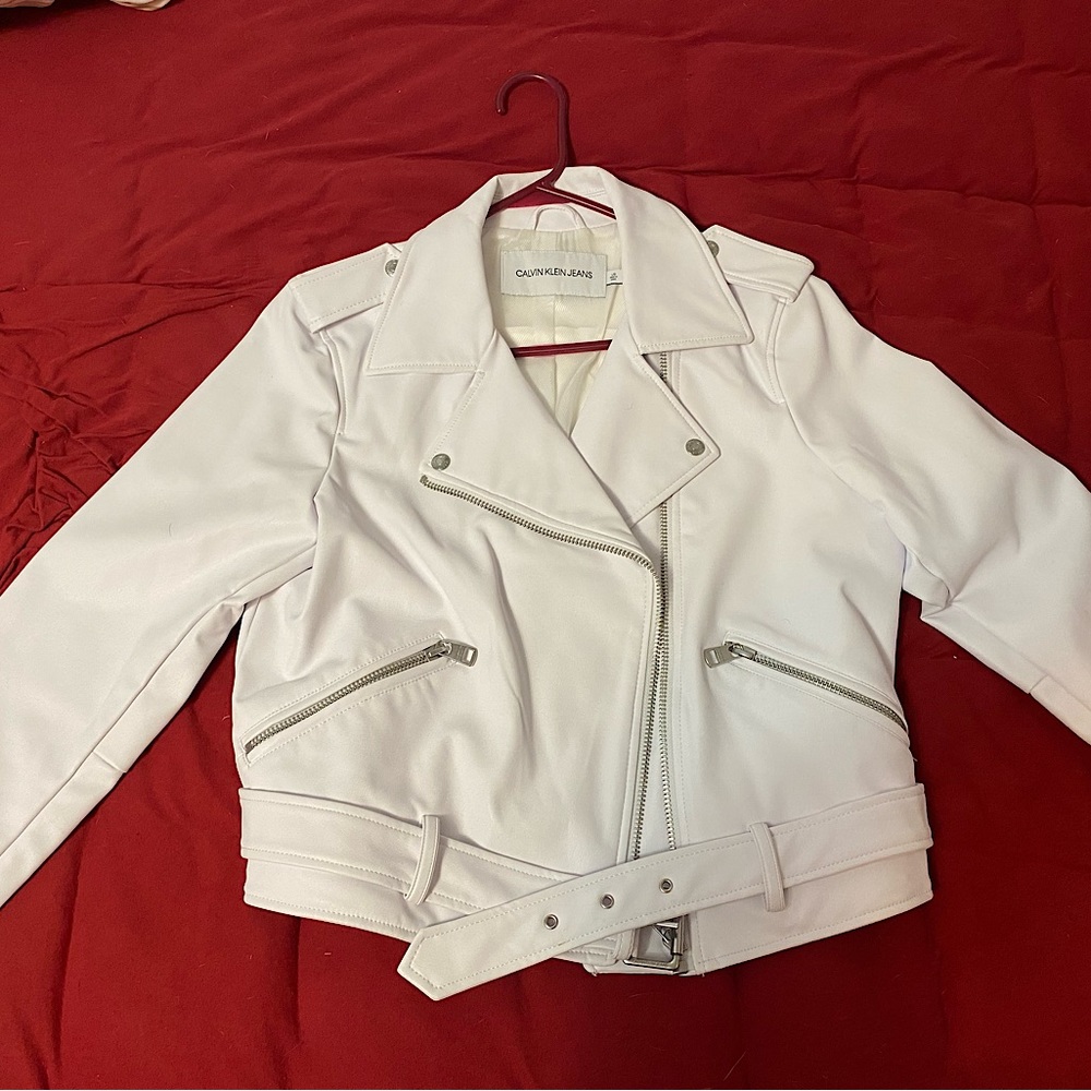Calvin Klein NWOT white faux leather moto jacket. Never been worn.